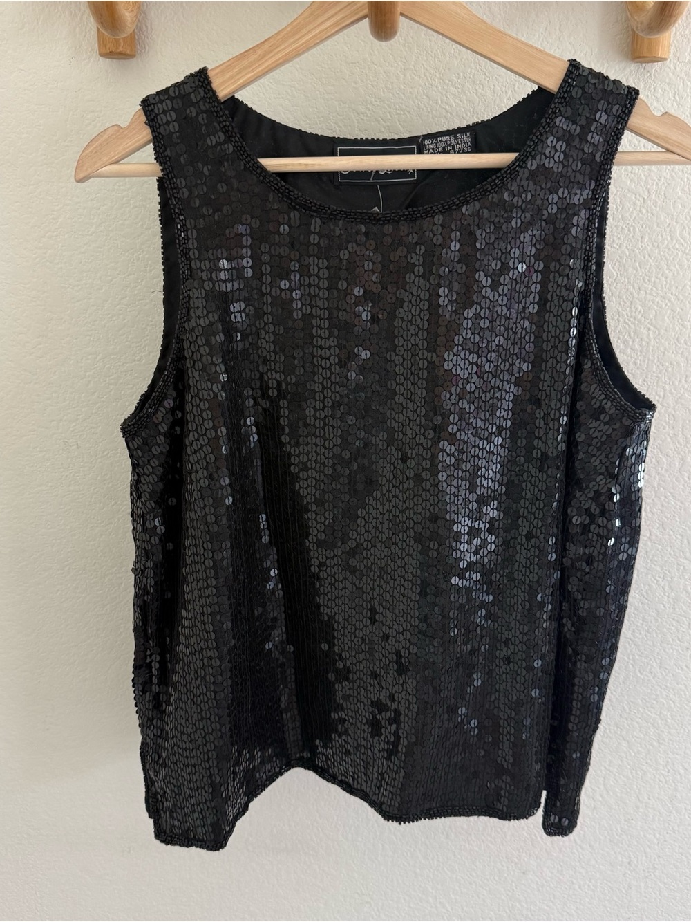 NWT JEWEL QUEEN disco Y2K 100% silk black sequin blouse tank top size M handmade
